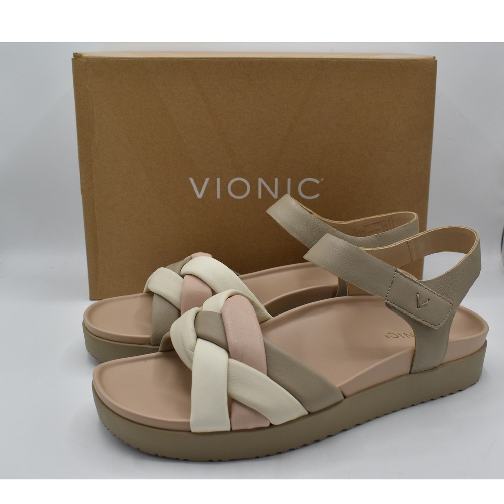 Vionic Women 11 Rosa Brown Tan White Braided Leather Platform Sandals Shoes